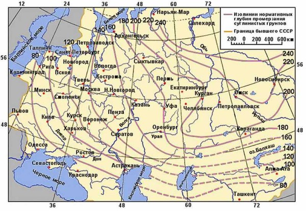 From this map, you can roughly determine the level of soil freezing in the region