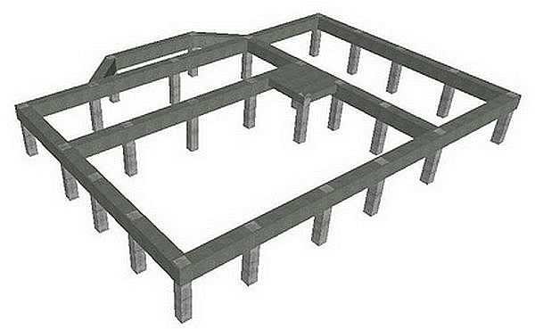 First, piles are placed in the corners, then under the abutment of the bearing walls