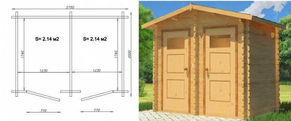 Appearance and drawing of a toilet and shower for a summer residence in one building