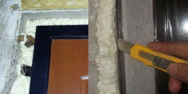 Making door slopes with your own hands begins with sealing the gaps between the door frame and the wall