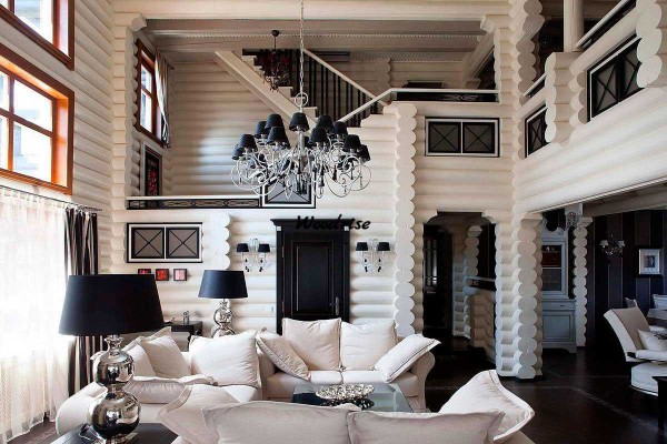 In this design option, too, everything is built on contrast. The rounded log gives more expressiveness to the whole idea: with smooth walls, the same looked worse