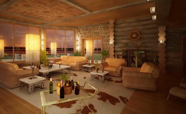 L'intérieur d'une maison en rondins à l'intérieur n'est pas toujours une hutte. Il y a très moderne