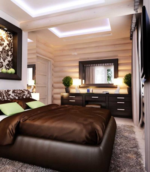 The atmosphere inside a wooden house is completely different. Correctly beating the wooden walls, the interior, complemented by textiles in the bedroom - this is the basis of this variation.