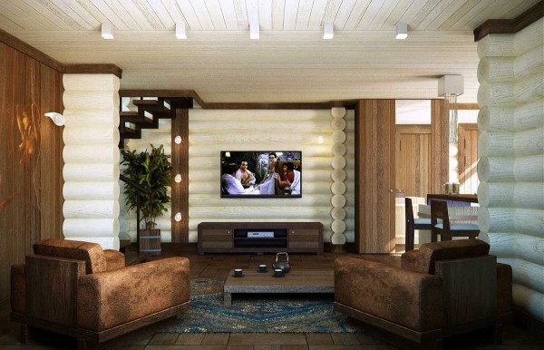 The highlight of this design is the contrast between light logs and brown furniture and some other elements.