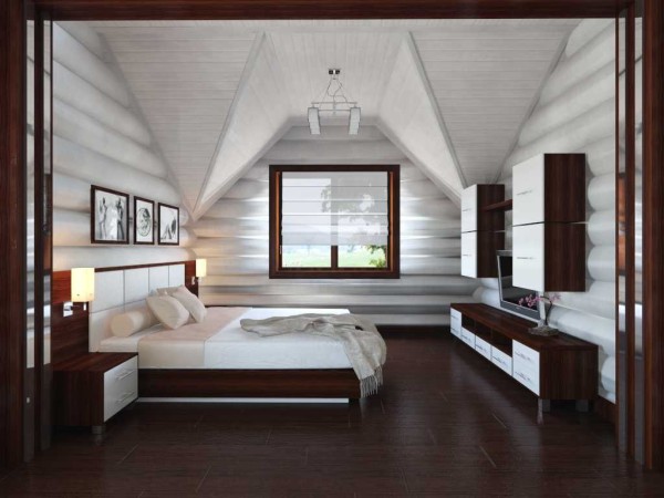Whitewashed logs and dark finishes, furniture in the same colors. Non-linear lining ceiling creates an interesting visual effect