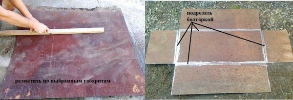 We start by drawing dimensions on a sheet of metal, then cutting out the extra corners.