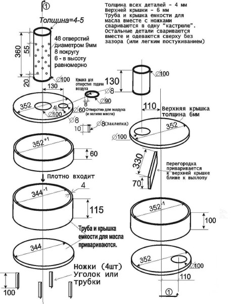 Diagram of a waste oil furnace with dimensions - all you need to make it yourself