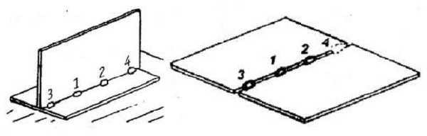 Electric welding technology: before starting the seam, the parts are connected with tacks - short seams located at a distance of 80-250 mm from each other