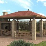 Decorative metal gratings are fixed between the pillars, the roof is raised above the columns, which makes the whole building look lighter