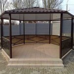 A sketch of a metal gazebo with polycarbonate finish.In the lower part, a figured finish of pipes, which are closed with dark translucent polycarbonate