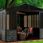 This is a closed gazebo made of glazed on a metal frame