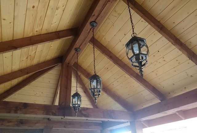 The beam and solid sheathing from the inside of the gazebo looks beautiful