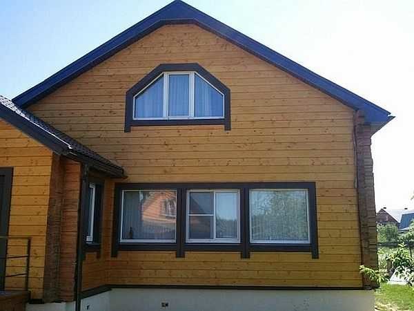 This is a house sheathed with imitation timber. Under the cladding there can be a brick, a frame, a frame or any of the building blocks.