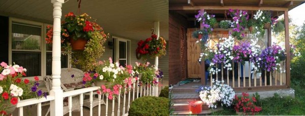 A traditional but cute way to decorate an open summer terrace with hanging pots of flowering plants