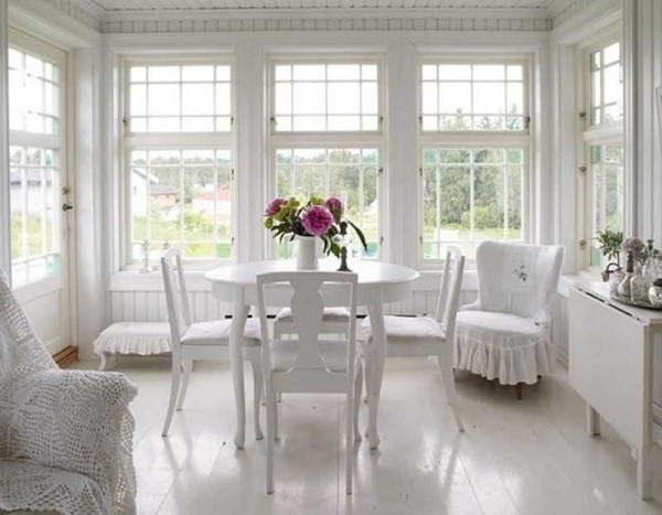 The chairs were painted white, covers with romantic ruffles were sewn onto old armchairs. Lightweight design, festive, absolutely stress-free