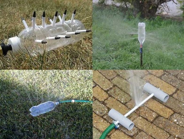 Do-it-yourself sprinklers for watering the lawn from bottles are easy to make: take a bottle, heat the nail, make holes (the diameter is selected empirically, but start with small ones)