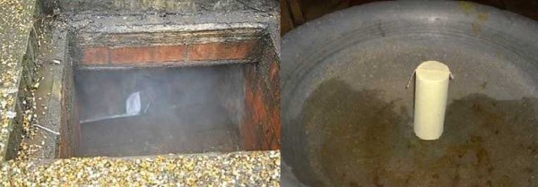 A sulfur stick is placed on metal, set on fire, quickly exited and all holes are closed
