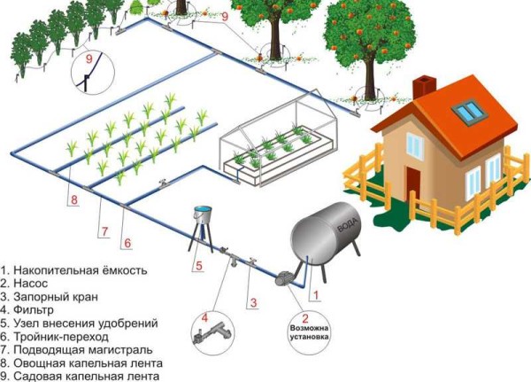 Drip irrigation scheme with a pump to increase pressure