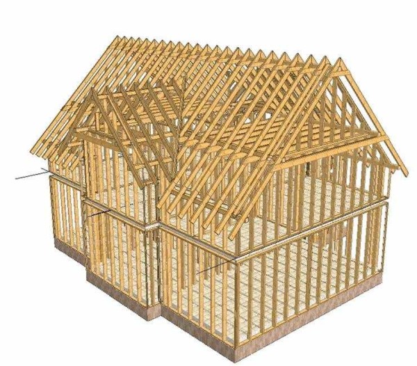 The skeleton of a frame house with an attic floor