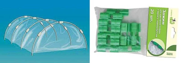 Special clips for plastic greenhouses for fixing on arches