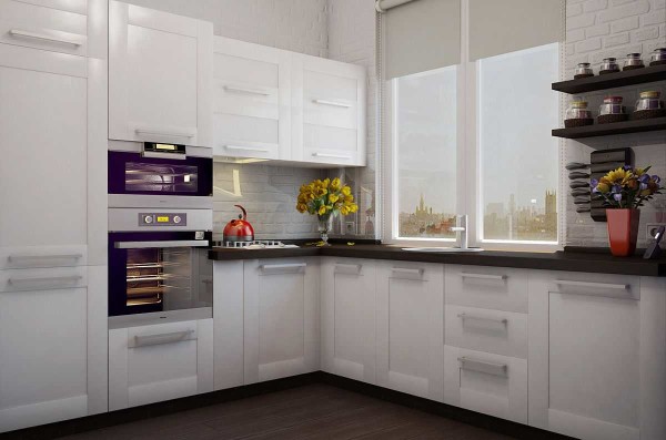 Roller blinds on the window are a great solution for a small kitchen