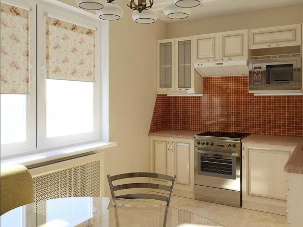 Light interior and a couple of brown accents - a small kitchen seems more spacious