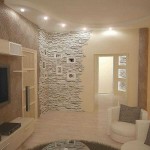 A complex combination: painted walls, wallpaper and decorative stone