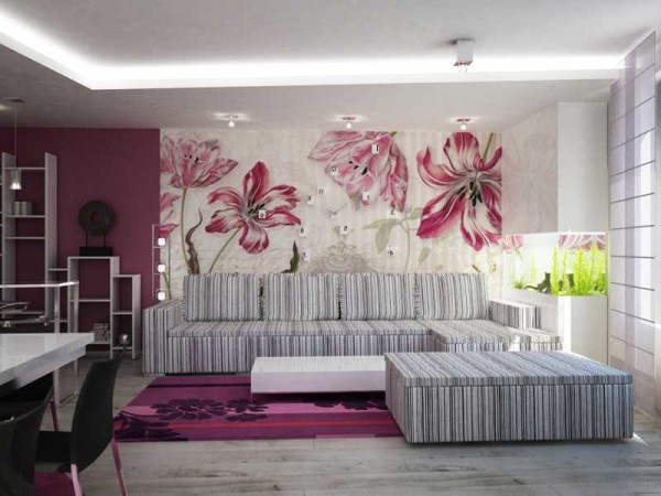 On one wall wallpaper with a large pattern - the rest are painted