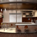 Living room and kitchen areas are separated by both level and color
