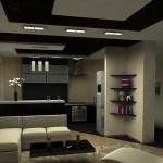 Zoning the kitchen and living room with different finishing materials for the ceiling and floor is the most common technique