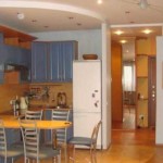 The tiles on the floor have different colors, the division of the living room and the kitchen is supported by a split-level ceiling