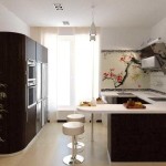 Strict colors and lines are softened by floral designs. This interior of the kitchen combined with the living room looks gentle