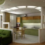 In the photo, the combination of the kitchen and the living room with the help of color, and they are separated by partitions