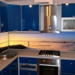 The blue kitchen is organically complemented by a plastic apron that captures the sunrise