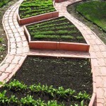 Paths and fencing of beds of paving slabs and curbs