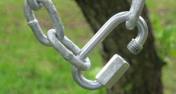 How the mount is assembled from the chains for the swing. Then this carabiner is threaded into the eye-nut and the safety ring is twisted