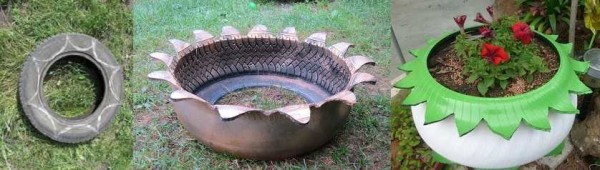 The process of turning an old tire into a flower garden