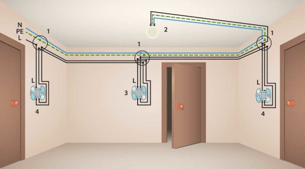 Wiring when controlling a lamp from three places