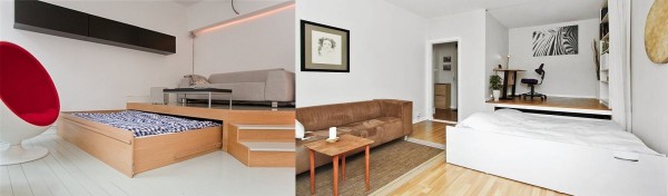A bed sliding out from under the podium is one of the non-standard solutions