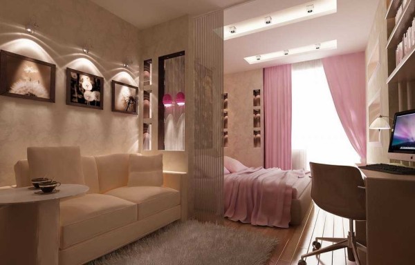 A small partition does not divide the space, but creates a separate seating area