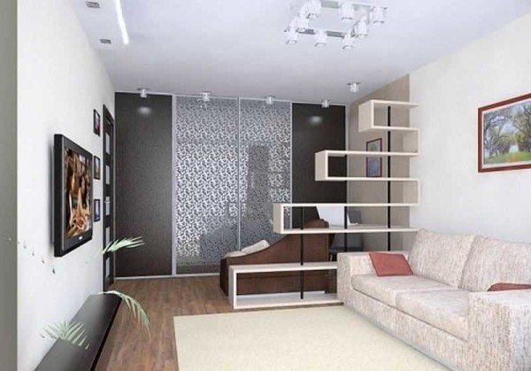 When developing the design of a one-room apartment, they try to use a minimum of furniture and accessories.