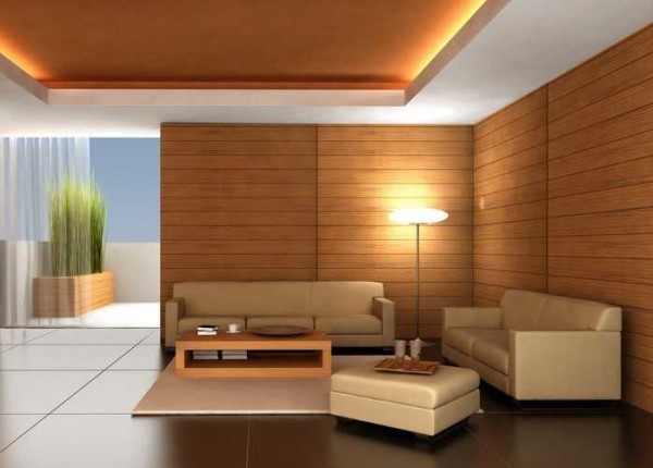 The honey tint of the lining is repeated in the stretch ceiling