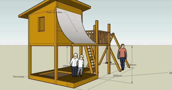 Playground with a house on high legs - drawing with dimensions