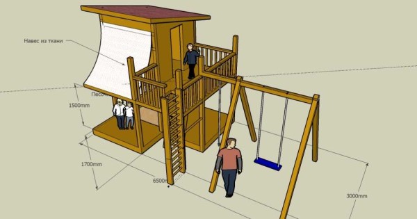 Playground with a house on high legs - drawing with dimensions