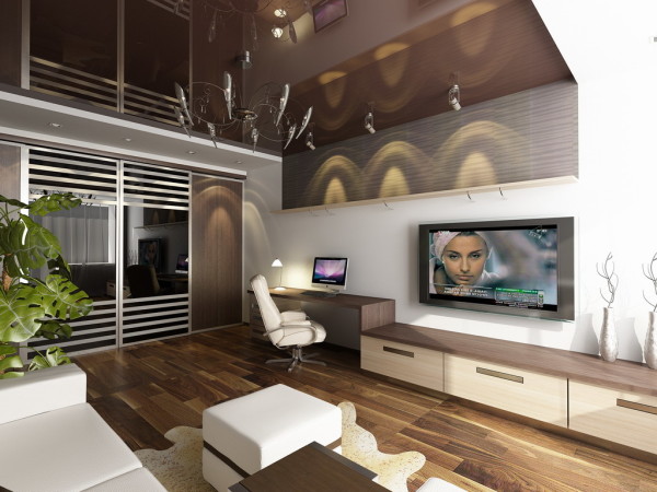Design of a one-room apartment in beige and brown colors. A well-made ceiling, empty and dark in color, visually makes the room spacious
