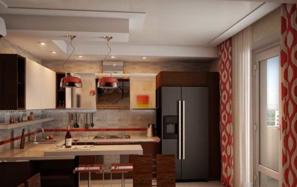 The motives that were on the walls in the hallway are also in the kitchen, but they were transferred to the curtains in a completely different color