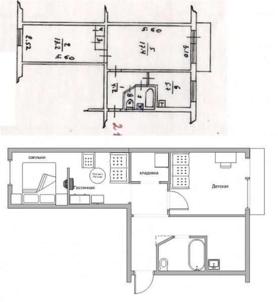One of the most disliked two-room apartments - the tram can be easily transformed into a housing with a separate layout and a storage room or dressing room