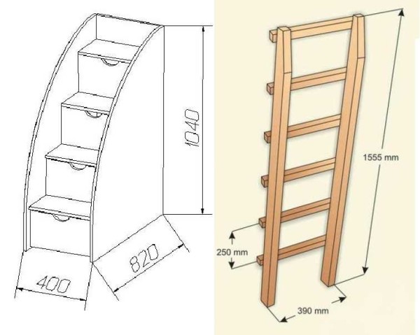 Drawing of stairs for bunk beds