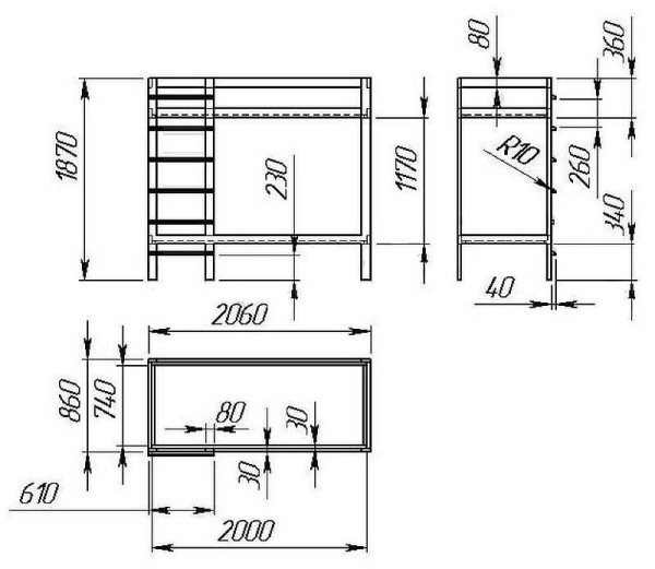 Bunk bed drawing with dimensions