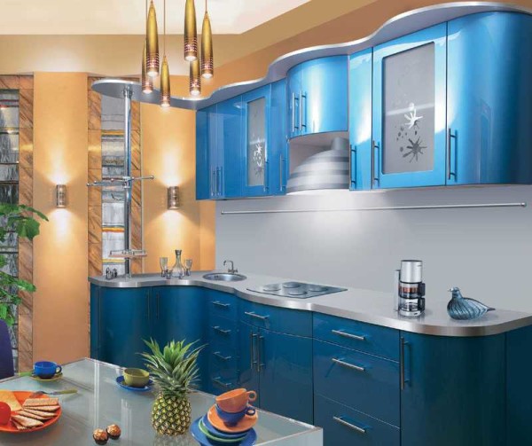 Kitchen set made of painted MDF color blue metallic